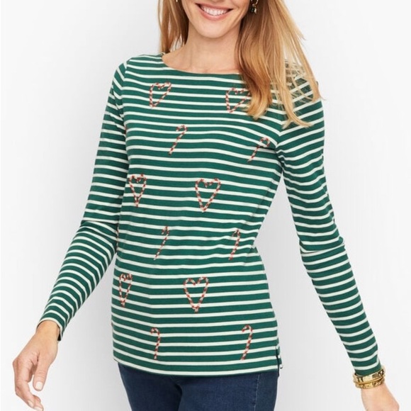Talbots BATEAU NECK TEE - CANDY CANE HOLIDAY STRIPE size large petite - Picture 1 of 7